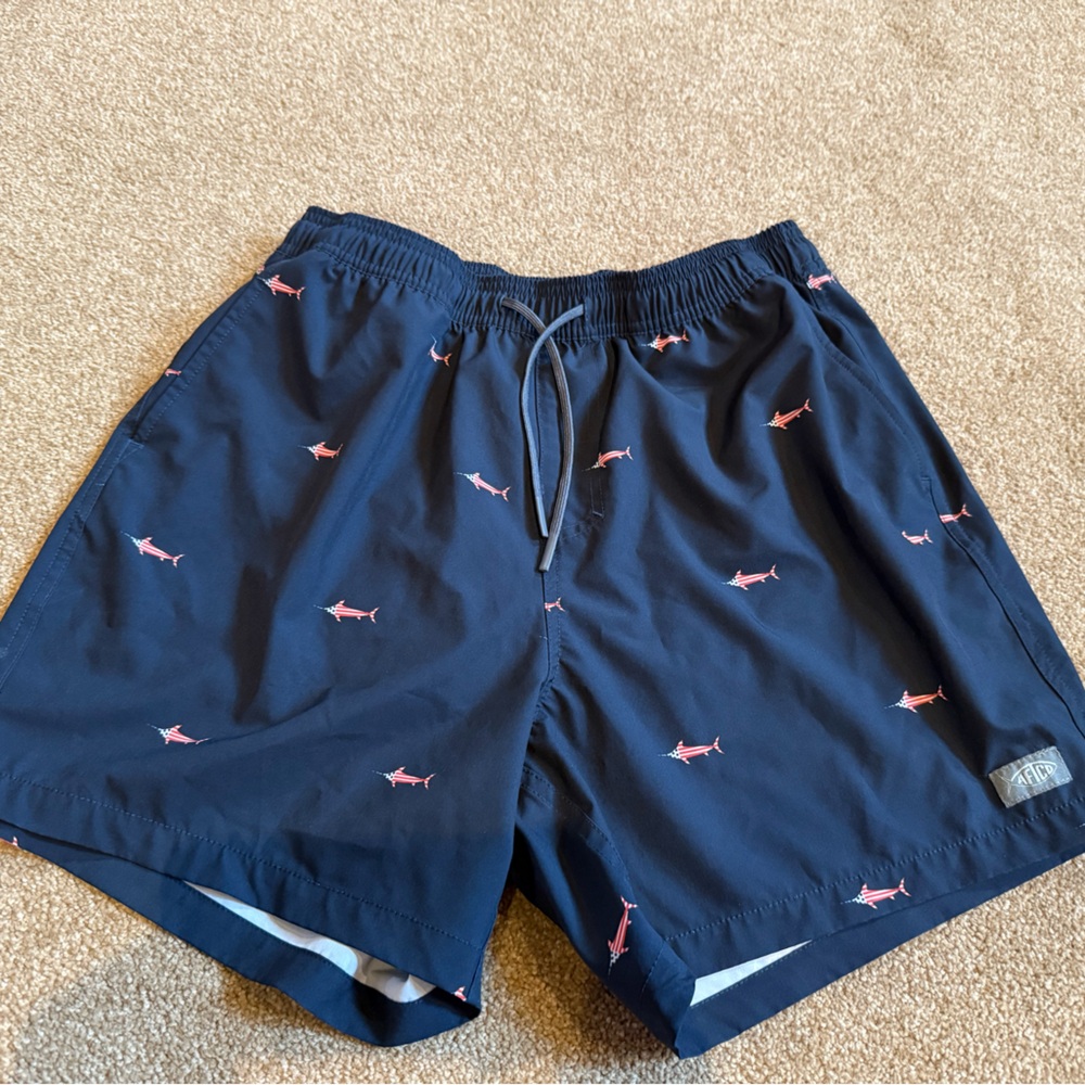 AFTCO Navy Swim Trunks with Americana Fish print medium